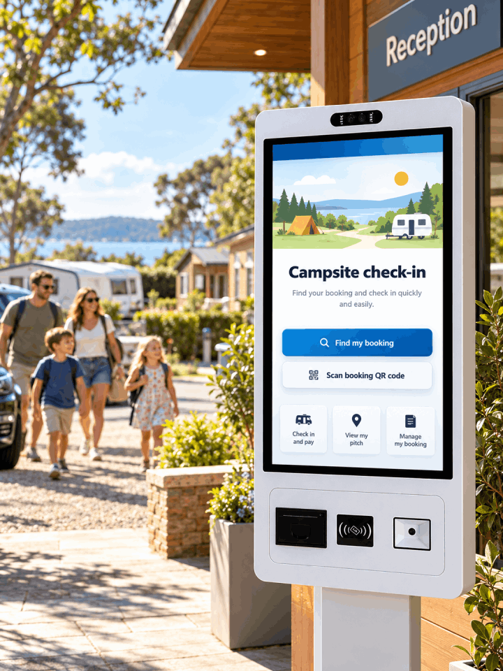 Self-service check-in kiosk at a campsite reception