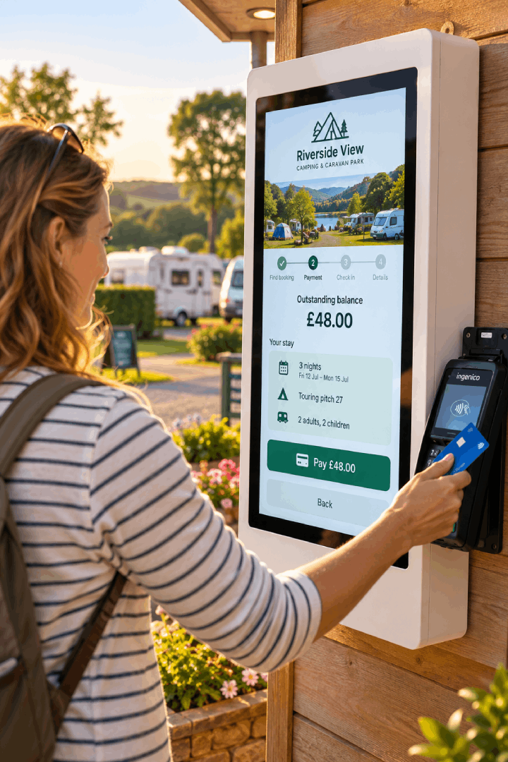 Guest checking in and making a payment at a campsite kiosk
