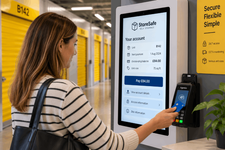 Customer making a payment at a self-storage kiosk