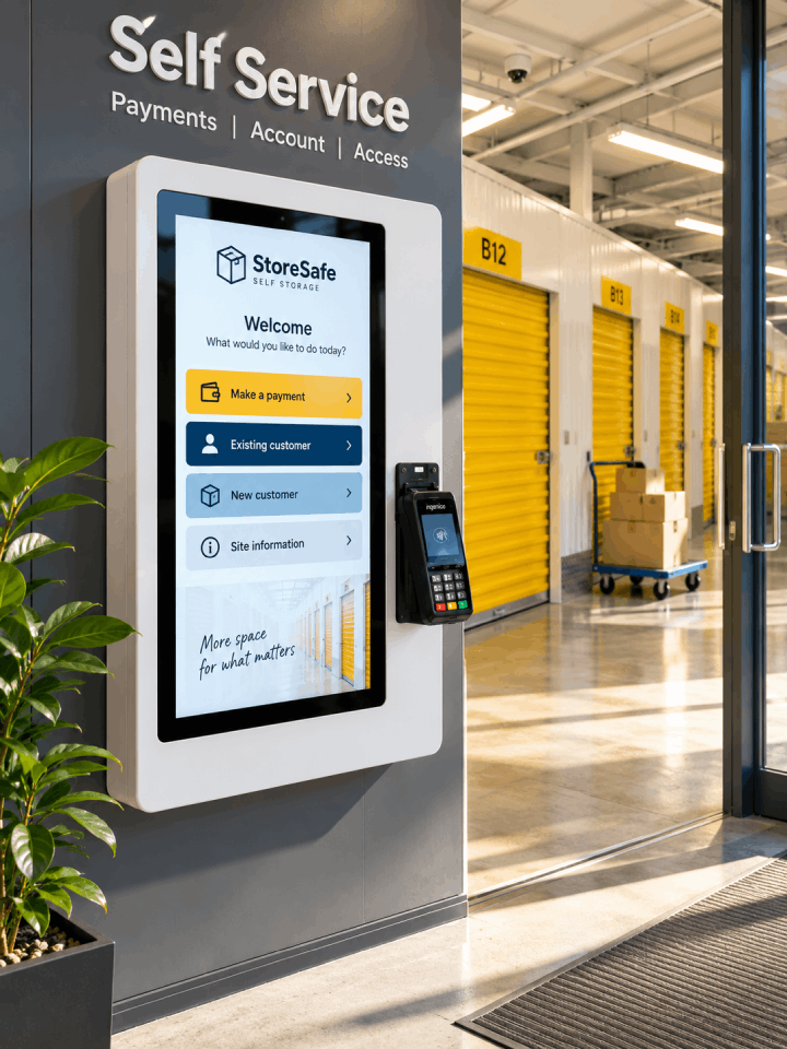 Self-service kiosk in a modern self-storage facility