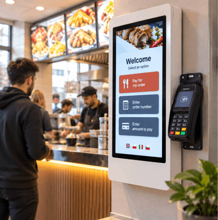 Self-service payment kiosk in a takeaway